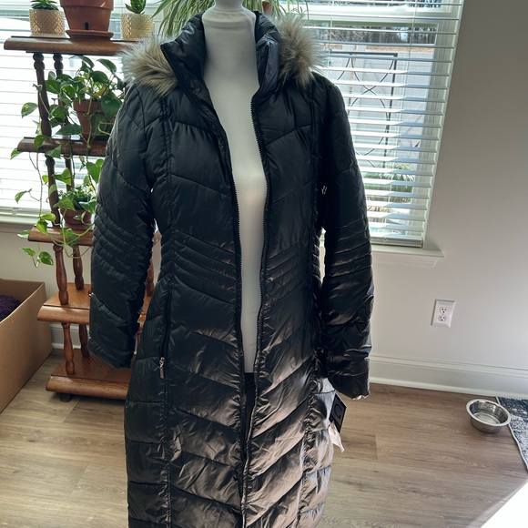 Gallery New York Zip Front Detachable Faux Fur Hood Long Puffer Coat - Picture 1 of 7
